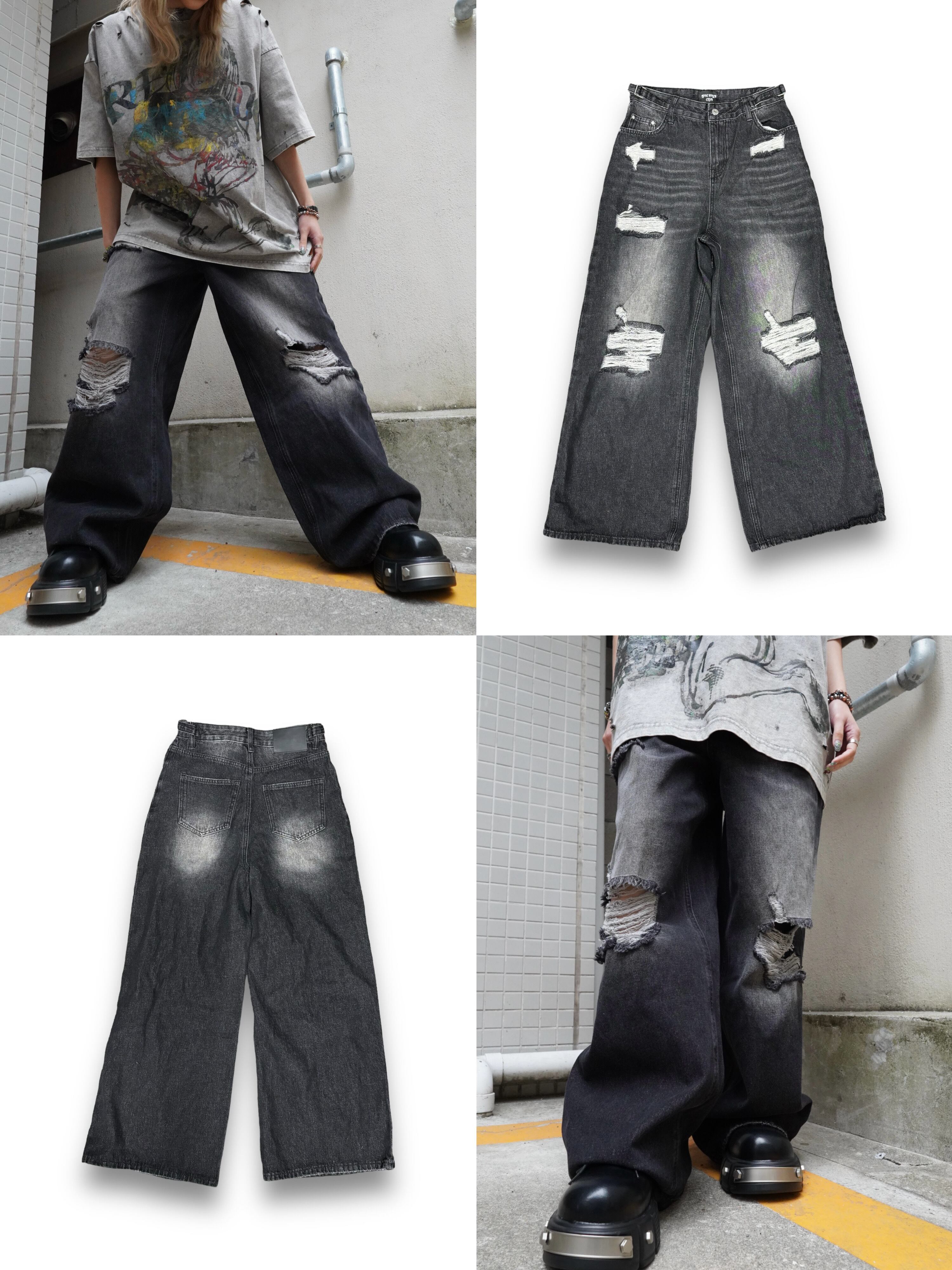 【PLANET STUDIO】damage side belt denim pants