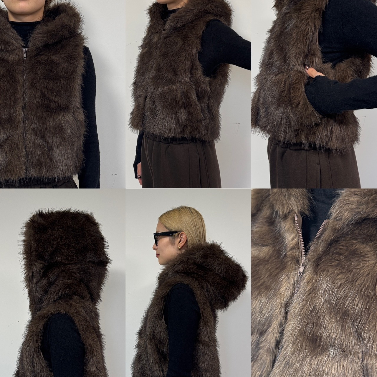 【東京先行販売】ショート丈Wzipエコファーフーディーvest/ブラウン
