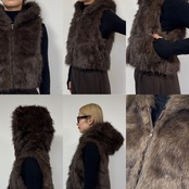 【東京先行販売】ショート丈Wzipエコファーフーディーvest/ブラウン