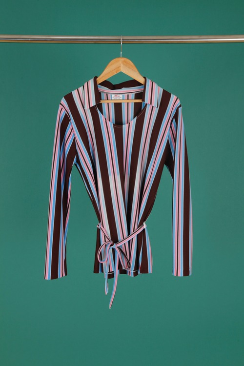1970s Dead stock "Risa" Stripe waist string polyester blouse