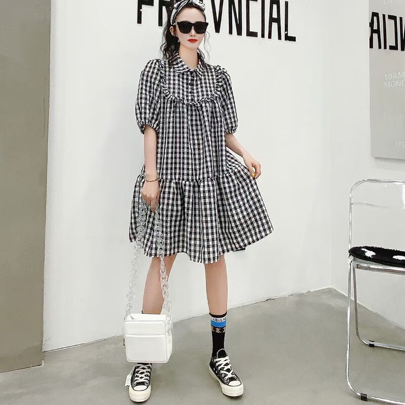 サマースタイル格子柄ドレス スカート 大きめサイズ 夏物 ミックスインファッション30643700844
