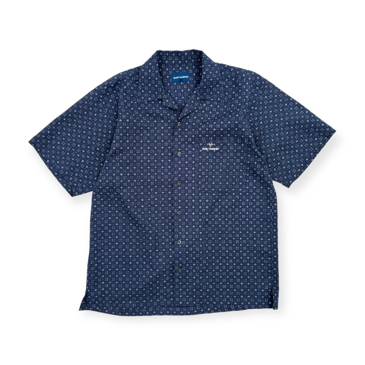 MARIO VALENTINO マリオヴァレンティノ リネン混 総柄 半袖 シャツ 薄手 サイズ M/ネイビー 系 麻