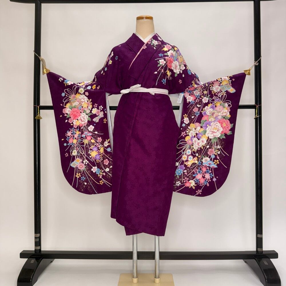二尺袖 単品 卒業式着物 紫 裄68.5cm Lサイズ 袴用着物 化繊 中古 5820