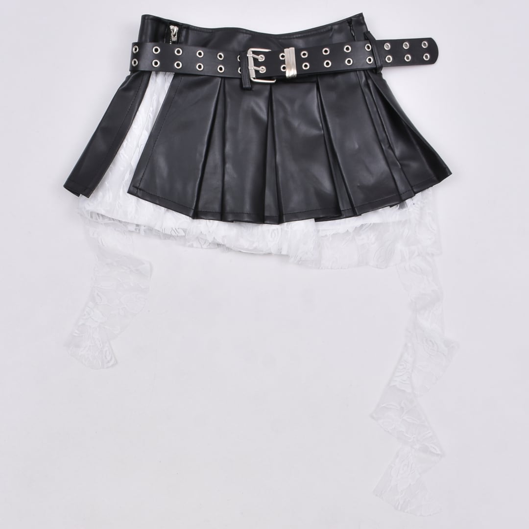 2点セット☆ベルト付き レースレイヤードレザースカート