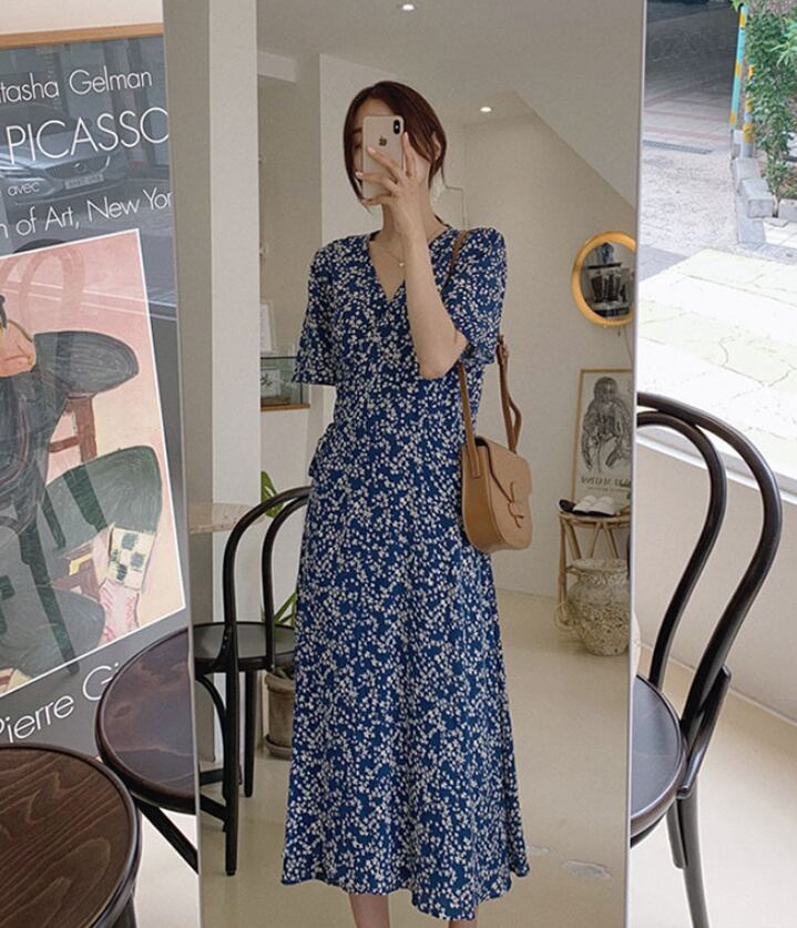 種類7：ブルー/XL ワンピース 膝丈 ひざ丈 膝上 袖あり 7分袖 七分袖 V