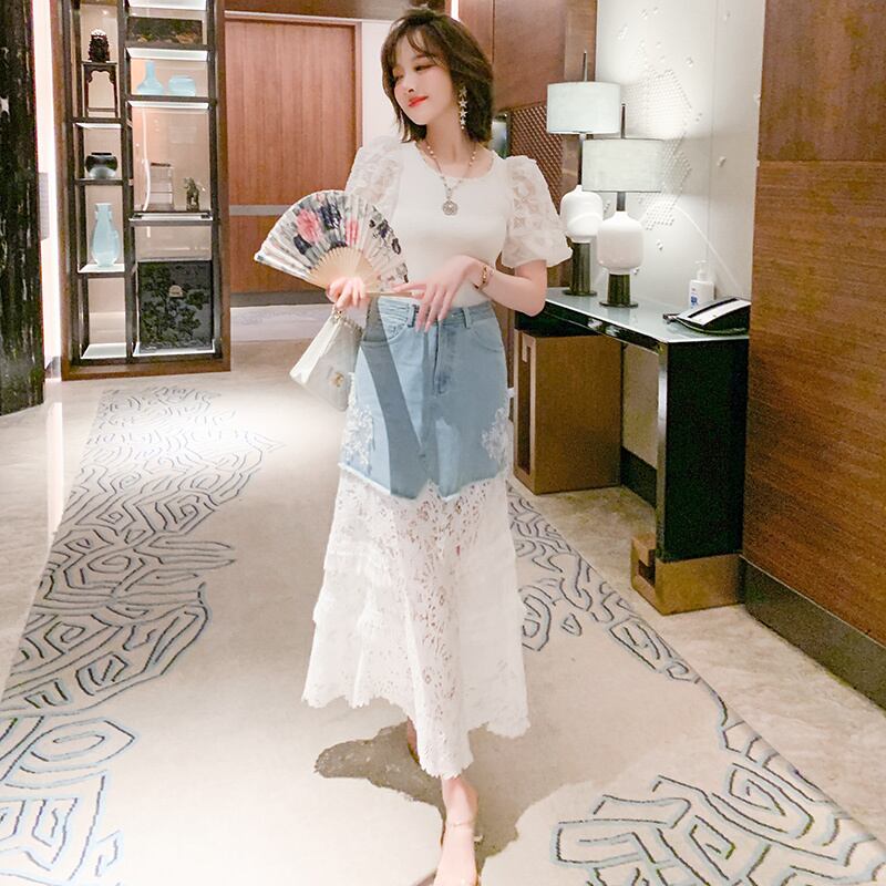 ラウンドネックFlowerデザイン ニットセーター レーススカート セット Oネック フラワーデザイン ステッチ MIUCO93014993204