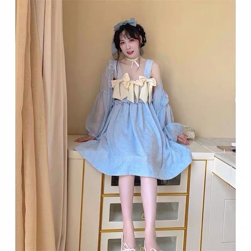 黄色 リボン ワンピース 水色 ゆったり ガーリー 森ガール