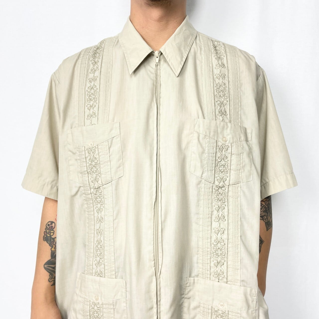 80年代〜90年代 GUAYABERA 半袖 刺繍 ジップアップ キューバシャツ 