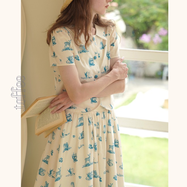 カントリー風アニマルプリント半袖シャツ＆ミドル丈スカートのセットアップ　《Z00751》