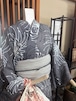 プレタ浴衣・グレー地花火柄×ふんわり兵児帯(ライトグレー)×帯飾り セット