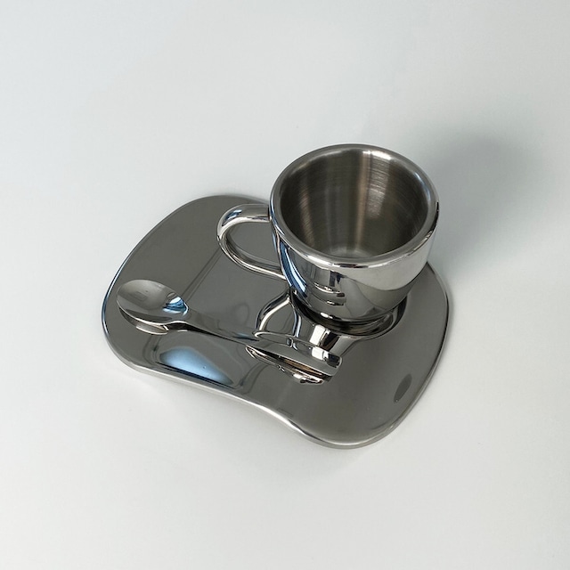 stainless espresso cup saucer spoon set / ステンレス コップ ティーカップ ソーサー ティースプーン セット 韓国雑貨