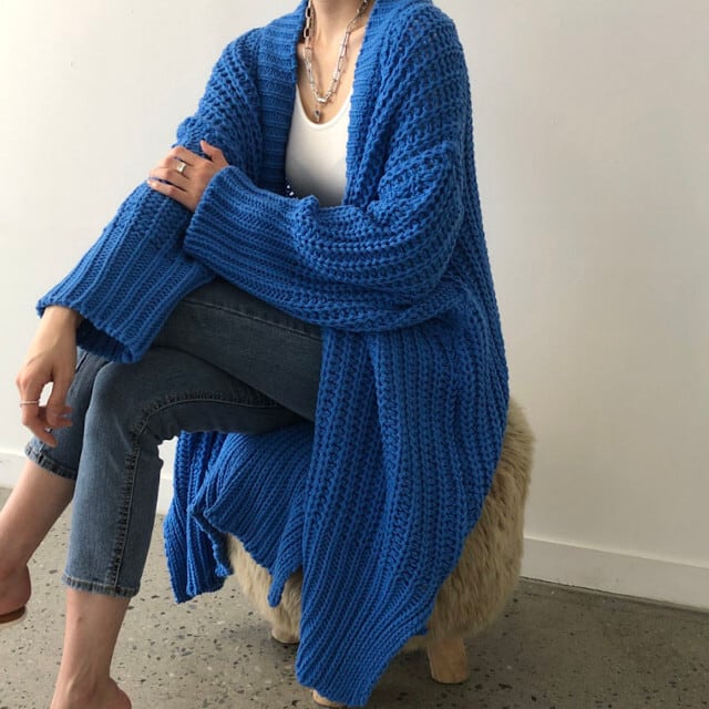 カーディガン ロングカーデ レディース ざっくりニット 長袖 オーバーシルエット かっこいい かわいい おしゃれ ハンサム ブルー/ブラック