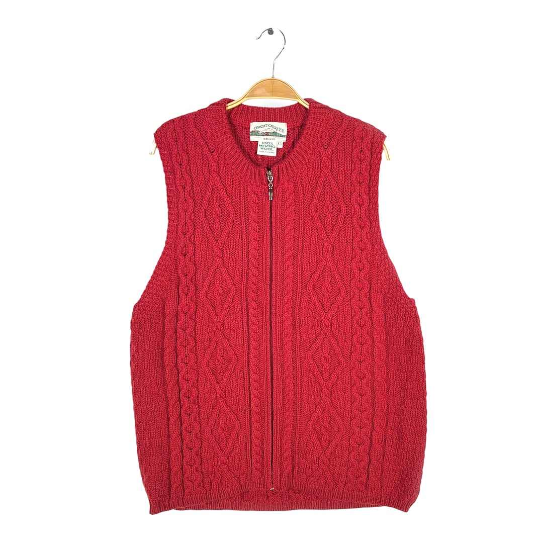 アランクラフト アイルランド製 フィッシャーマン ウールベスト ケーブル編み フルジップ ALAN CRAFTS サイズS相当 古着 CJ0117