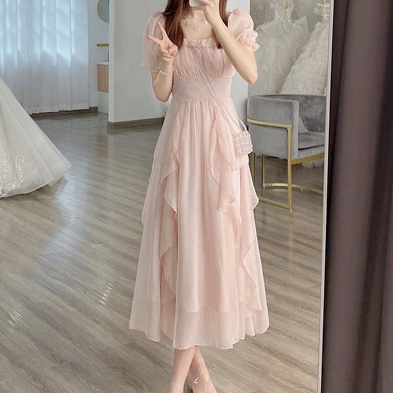 2color レディース フリルシフォンワンピース ワンピース ドレス 2color レディース フリルシフォンワンピース ワンピース ドレス