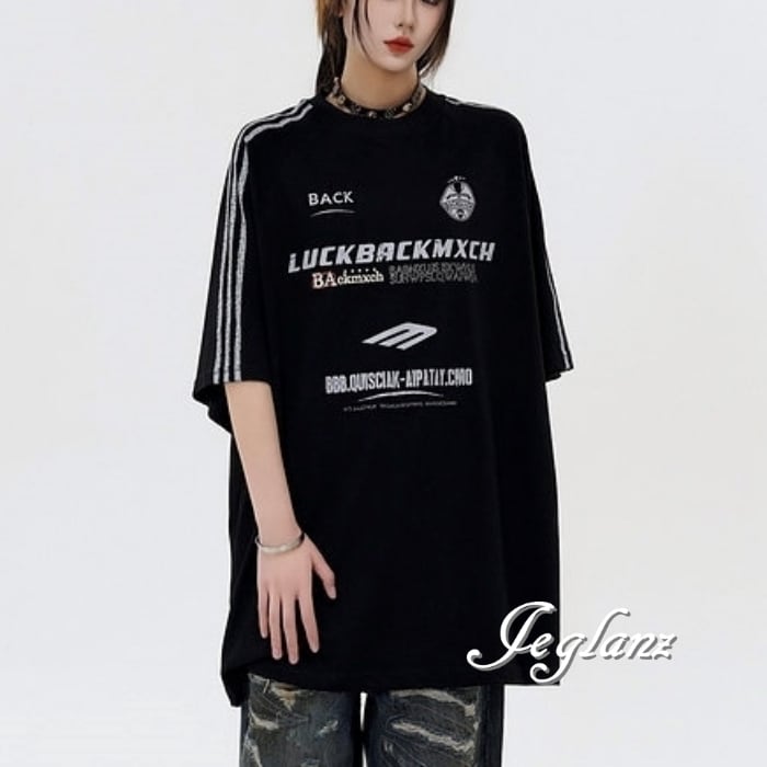 ヴィンテージ ロゴ ライン 半袖 ブラック Tシャツ ユニセックス(MC599)γα