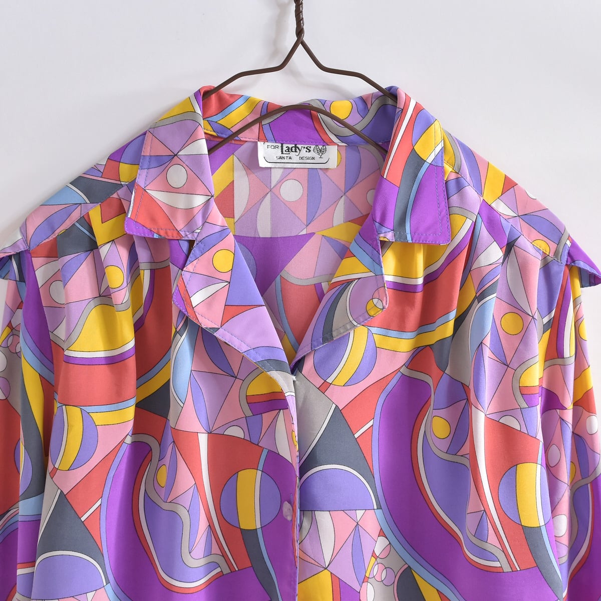 80s~ SANTA DESIGN サイケデリック柄 総柄 ポリエステルシャツ ヴィンテージ ブラウス 長袖 ビンテージ プッチ柄 レディースXL相当