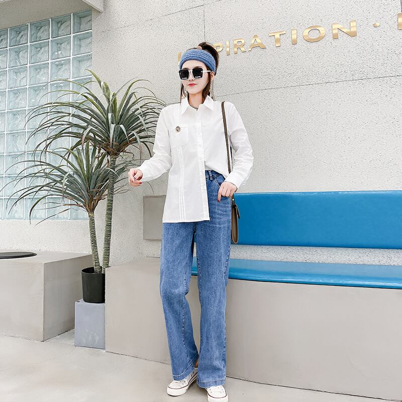 スプリングカラー薄手ジーンズ ブラウス 大きめサイズ 春物 ミックスインファッション17203486687