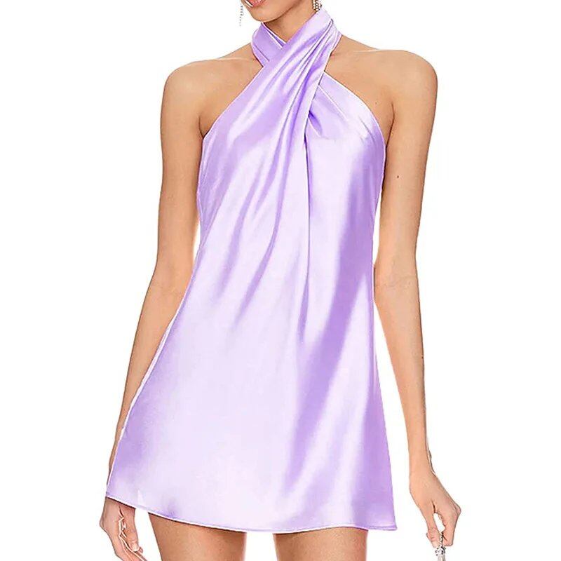 セクシーなミニドレス,ホルターネックライン,細いストラップ,無地,ノースリーブ,エレガント,女性用