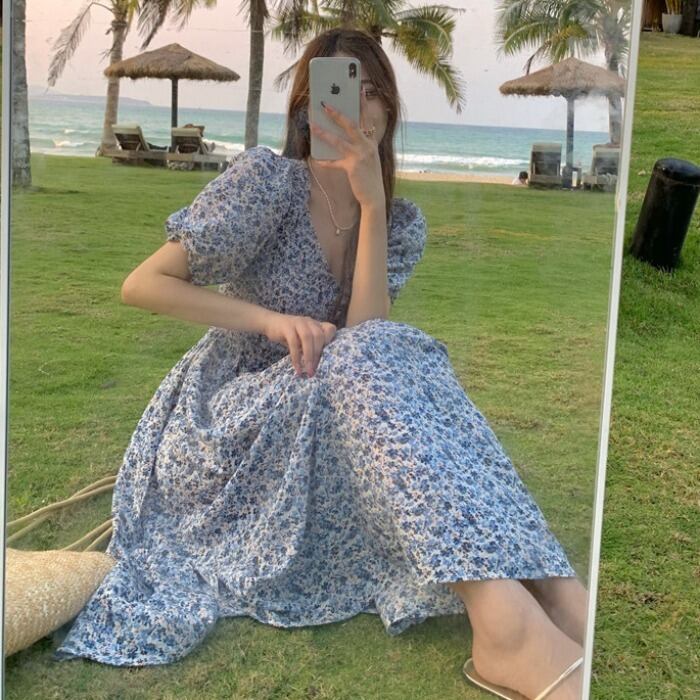 スプリングサマースタンダードフローラルシフォンスリムスリーブドレス レディース レトロ 春物 夏物 花柄 ドラファッションホール83593350428