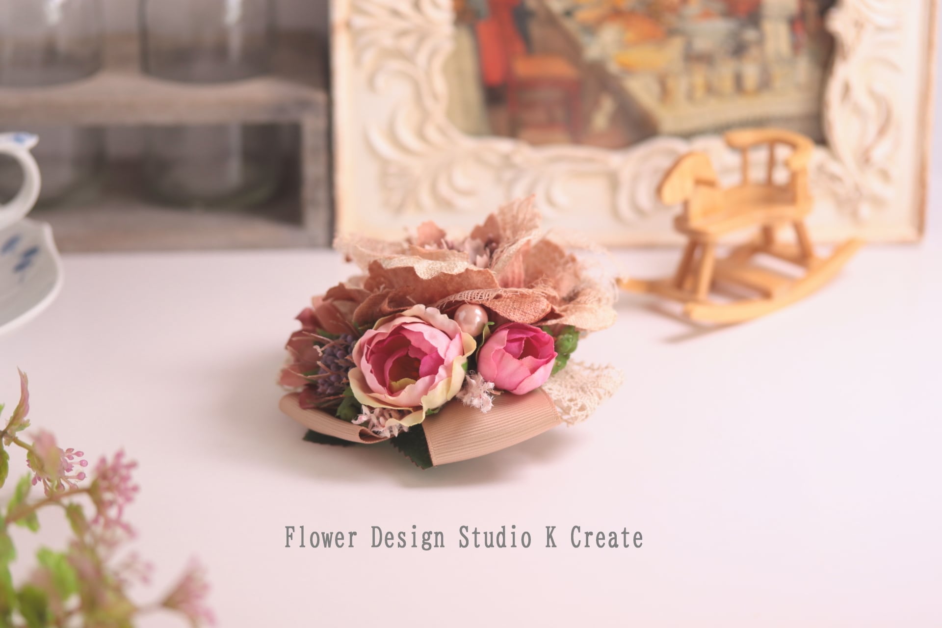 薔薇ピンクベージュ お召し 薔薇ピンクベージュ お召し