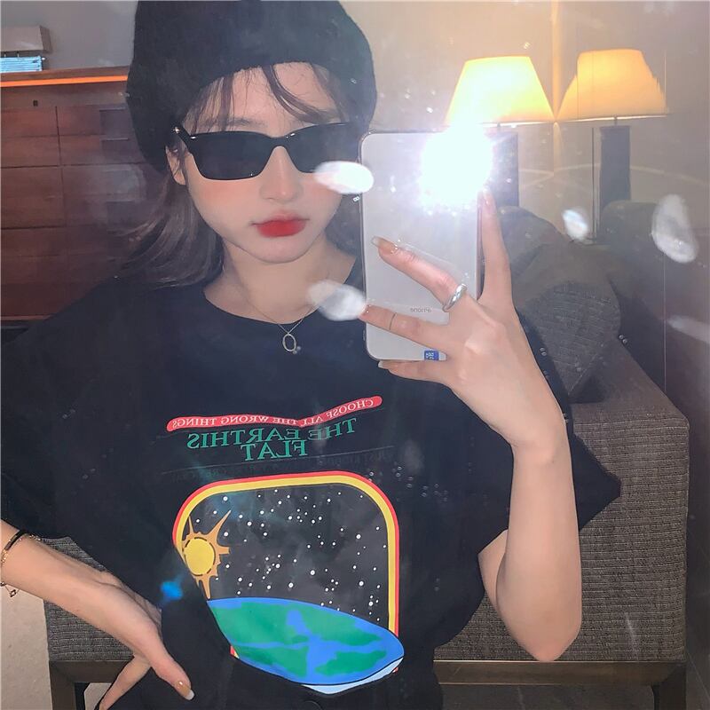 Tシャツ プリント柄ブラックルーズスタイルトップス スプリングサマー 春物 夏物 ブラックストロベリース57727141235