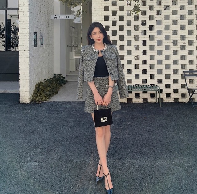 ビジュー付きヘリンボーン柄セットアップ