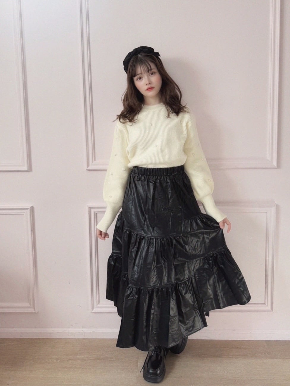 【LAST3】leather tiered skirt