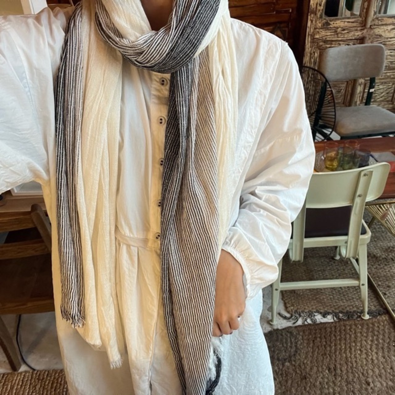 TOPANGA Accessory　Cotton & Linen Scarf コットン＆リネンスカーフ　グラデーションストライプ　ホワイト　scarf　スカーフ　