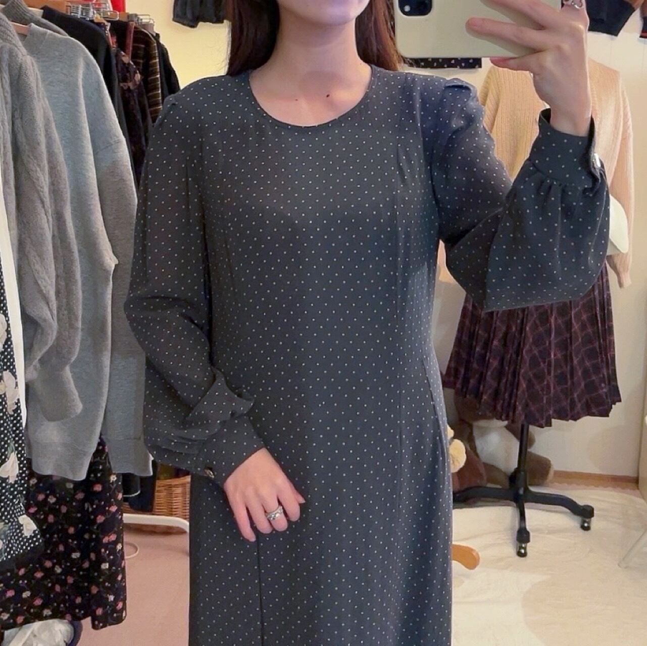 dark gray dot tuck flare one-piece