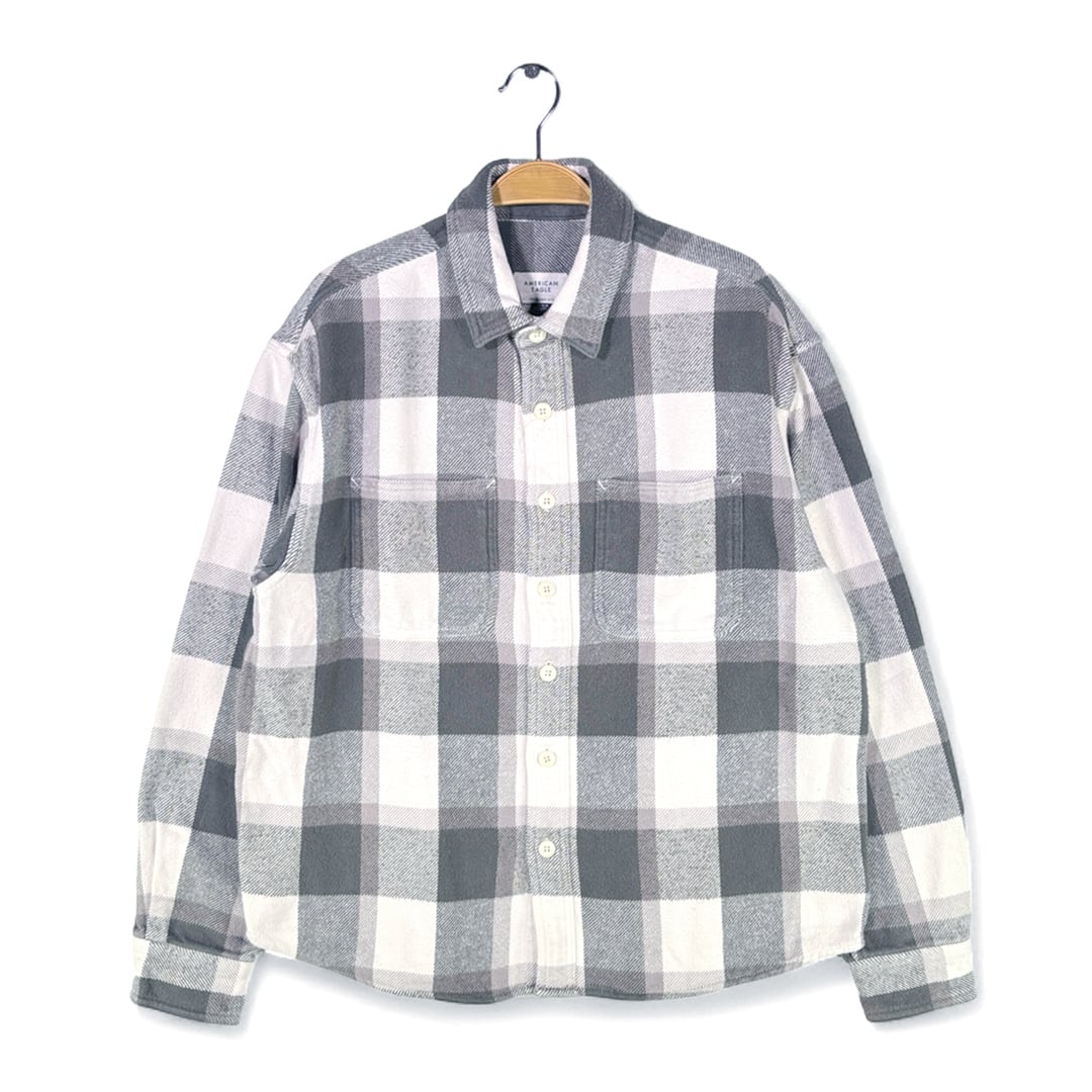 アメリカンイーグル ネルシャツ ブロックチェック ヘビーフランネル グレー ホワイト AMERICAN EAGLE サイズM 古着 @CA1483