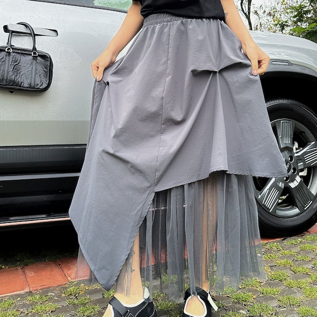 ASYMMETRIC MESH ELASTIC WAIST MIDI SKIRT M-17419