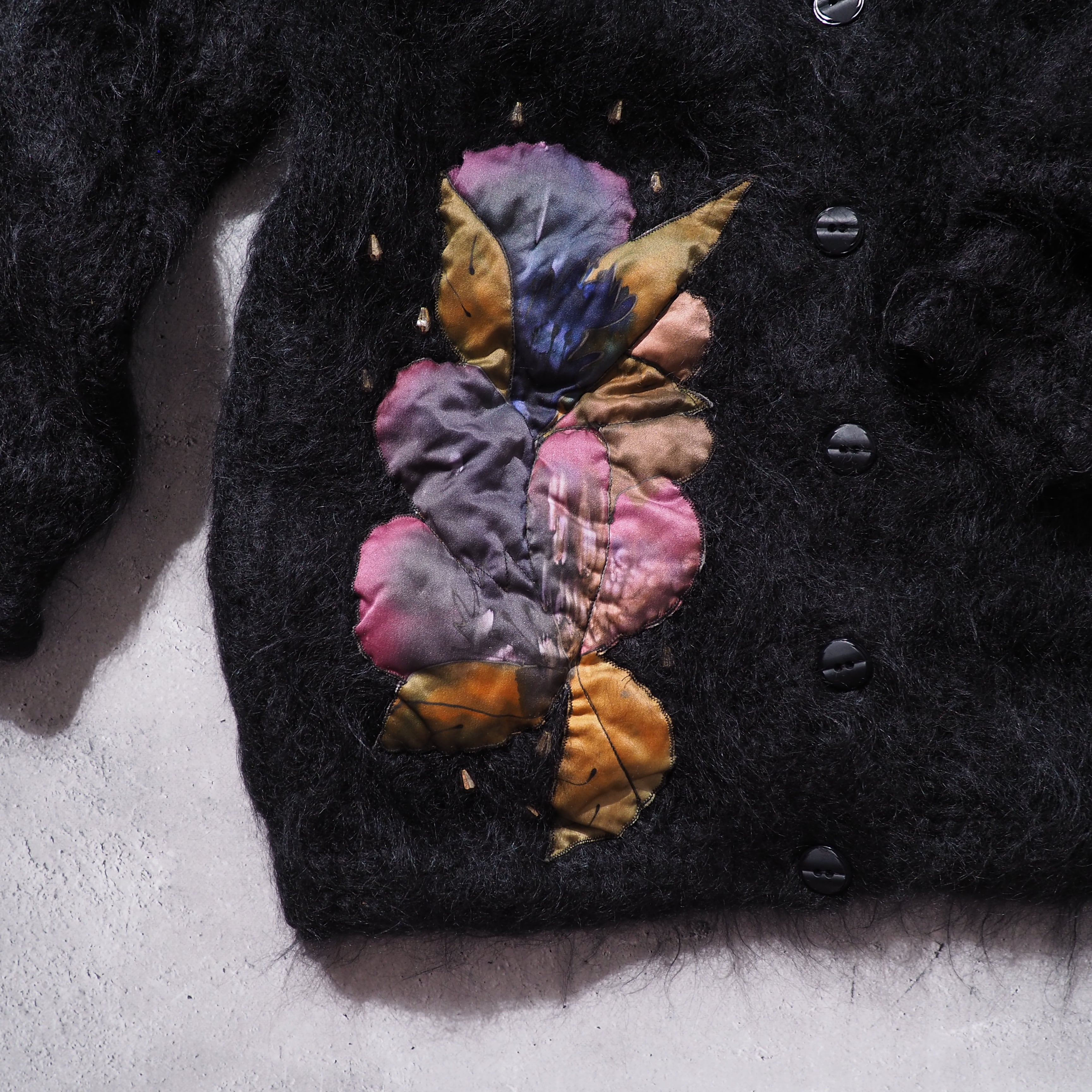 Black bewitching flower embroidery vintage mohair wool cardigan