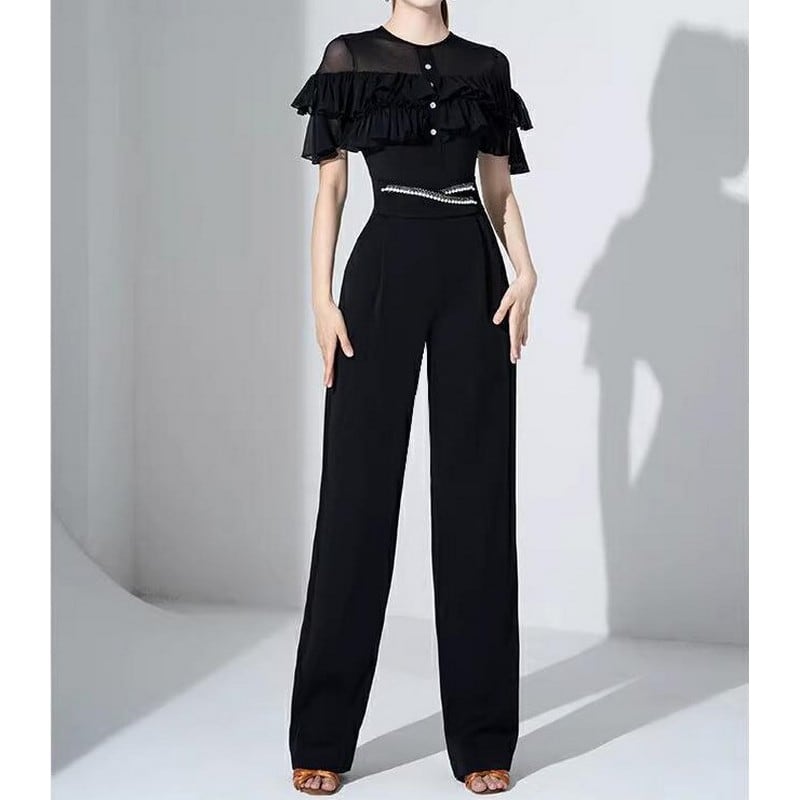 ハイウエスト装飾ベルト付きワイドレッグパンツ ds0123