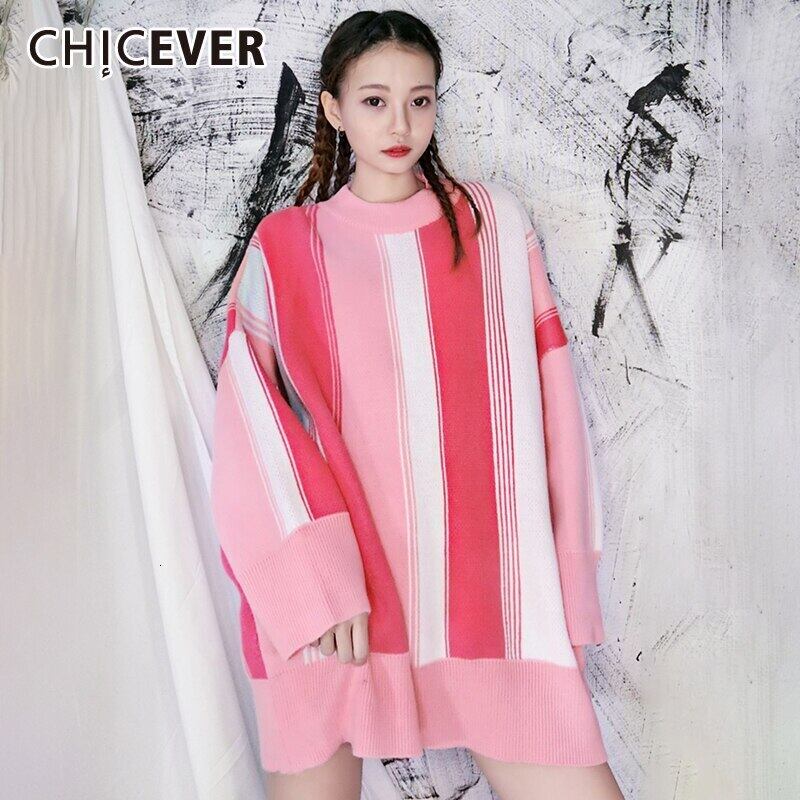 CHICEVERストライプヒットカラーセーターOネックランタンスリーブオーバーサイズルーズニットプルオーバーレディース2020服 6base570108424279