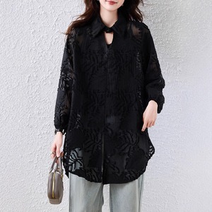 シースルートップス 透け感 ブラウス レディース トップス 襟付きブラウス 長袖 袖あり 袖口ゴム 襟付き シフォン 透け感 シースルー バックロング 大人可愛い レトロ アジアン ボタニカル 総柄 柄 春 ママ 20代 30代 40代 お出かけ 旅行 公園 休日 ショッピング コーデ 楽ちん 体型カバー プチプラ 普段使い 定番 L XL 2XL 3XL 4XL 5XL 大きいサイズ ゆったり ゆる プラスサイズ ルーズ ルーズフィット 大きめ 大きい 黒 ブラック モノトーン ベーシックカラー