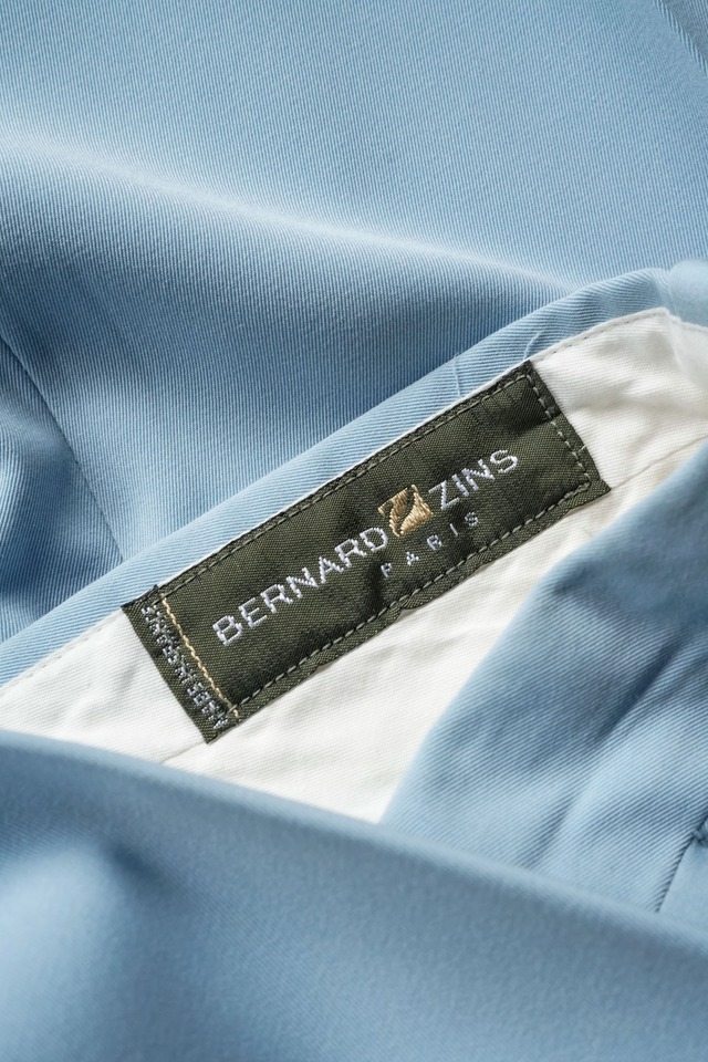 90's "BERNARD ZINS" Light-Blue Color Polyester Gaba 1-Tack Slacks Made in FRANCE - "LIEGE" Model