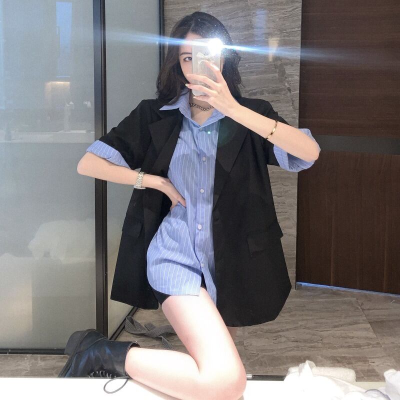 スーツ女性サマーブラックスモールスーツジャケット2020新しいストライプ半袖シャツ気質ツーピーススーツ ブラックストロベリース18945355911