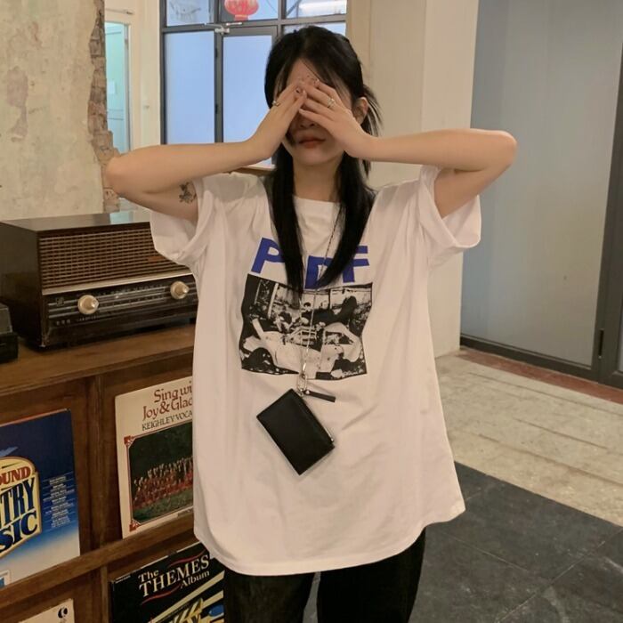 サマーカジュアルTシャツ スタイルプリント柄ルーズラウンドネックトップス 夏物 Oネック ケッペル94590015357