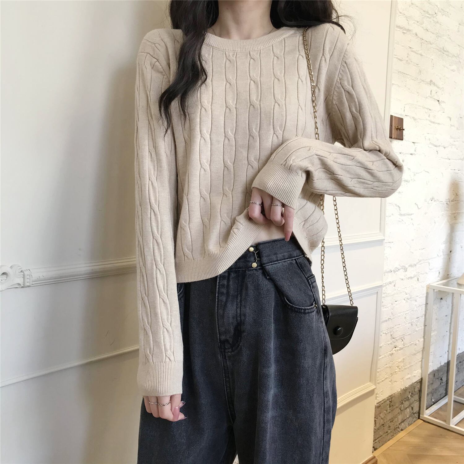 スプリングオータムルーズショートソリッド カラーラウンドネックセーター トップス ロング 春物 秋物 Oネック ソリッドカラー 萌量不足30066783524