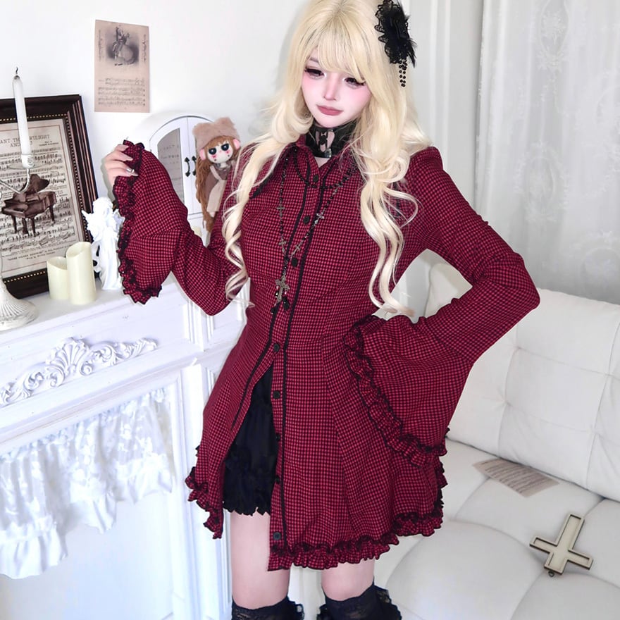 地雷系 赤チェック柄の姫袖フリルシャツワンピース 闇可愛いゴシック服