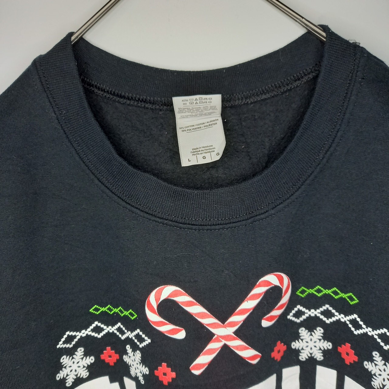 ギルダン　クルーネック　プリント　スウェット　トレーナー　ブラック　L