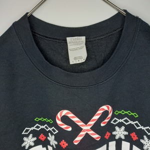 ギルダン　クルーネック　プリント　スウェット　トレーナー　ブラック　L