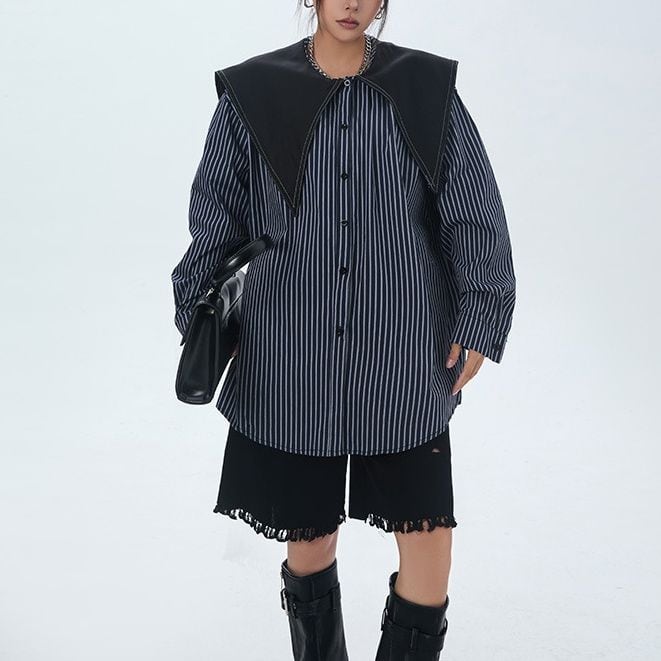 BIG POINTED COLLAR LONG SLEEVES DESIGN SHIRT 2colors M-14578