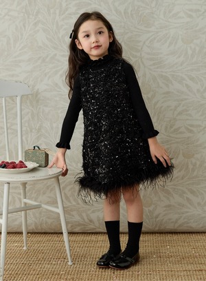 Black sequins no sleeve fur dress