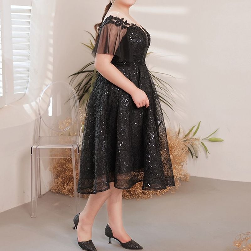 3XL〜7XL】スパンコールオーガンジーミディ丈ドレス D1613 | 演奏会