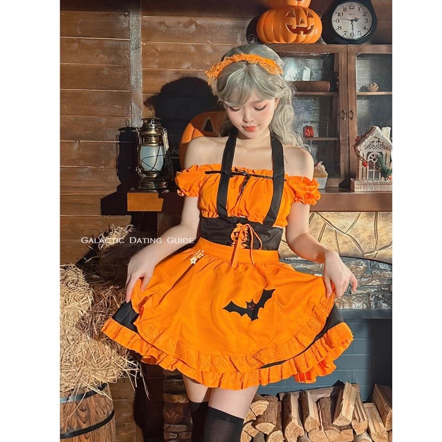 ハロウィン メイド服 4点セット パンプキン オフショル コンカフェ