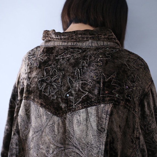 "刺繍" lathe switching and sequin decoration velours × weaving switching jacket