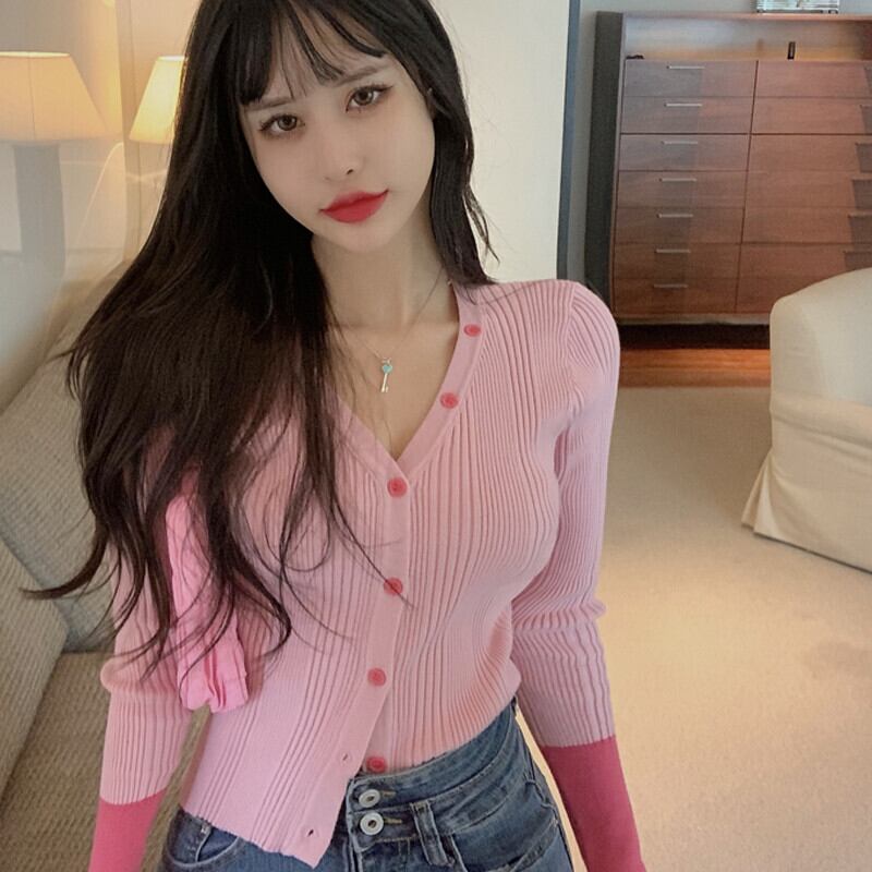 カラーセーター オータムVネックスリムシャツ トップス ロング 秋物 ガールズファッション2338111458