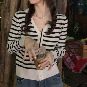 ニット カーディガン 長袖 レディース 春秋 韓国 羽織り きれいめ シンプル 大人 カジュアル アウター トップス 重ね着 ショート丈 ボーダー ニットカーディガン 大人可愛い 大人女子