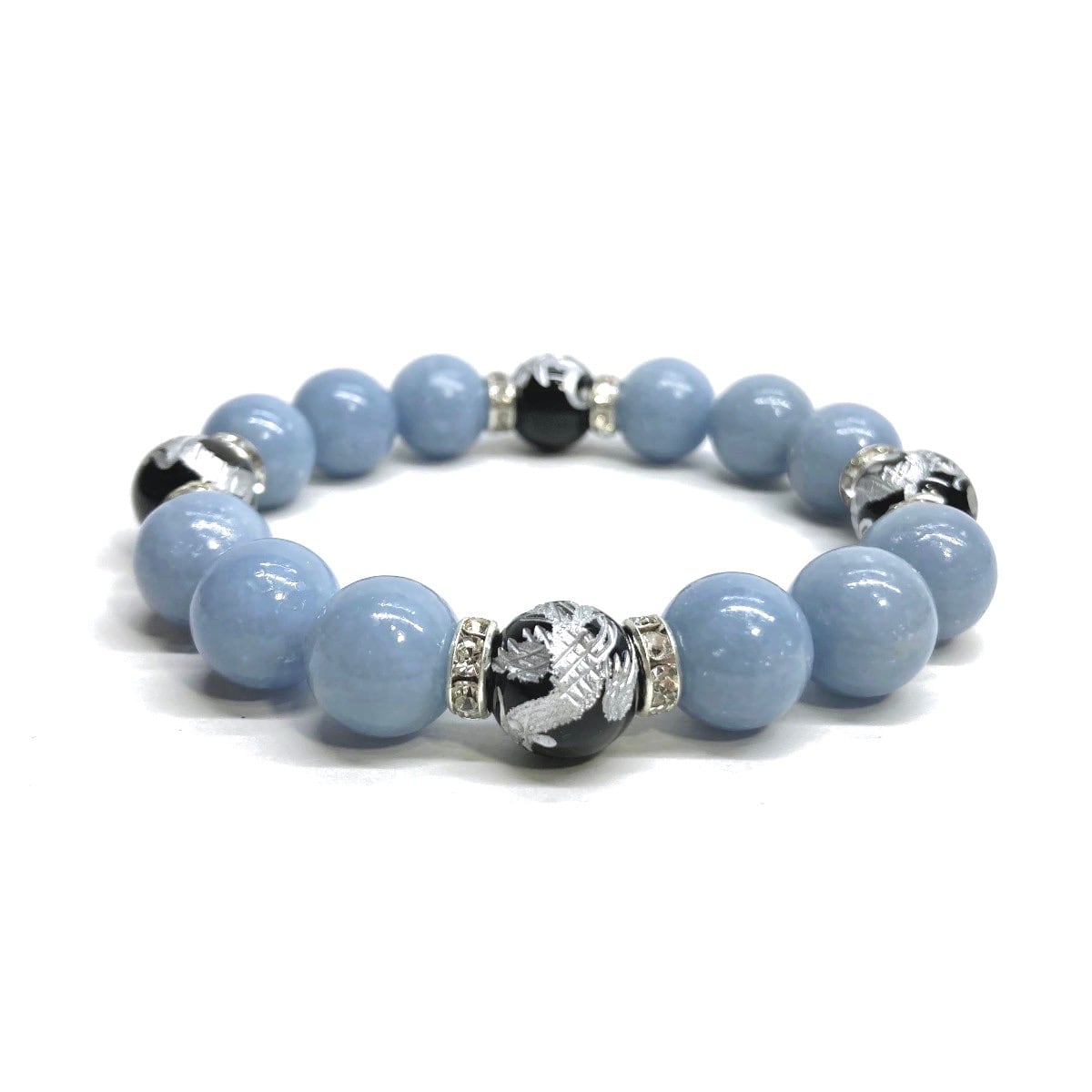 12mm 四神獣銀彫オニキス×エンジェライト パワーストーン ブレスレット